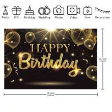 1pc Black Gold Happy Birthday Party Decorations Backdrop, Golden Balloons Glitter Star Birthday Party Photo Background Banner Extra Large Wall Decor Props Party Supplies