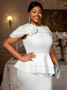 White Bodycon Dresses Elegant Peplum 3D Flowers Occasion Wedding Guest Plus Size Ladies,Outfit For Date,Party,Wedding Dress,Bridesmaid Dress,Graduation Dress,Wedding Guest