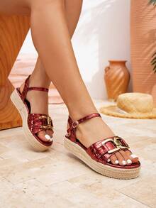 Women's Fashion Plain Metallic Embossed Hardware Decor Casual Rope-Braided Thick-Sole Sandals, Bohemian Holiday Retro Wedge Sandals, Canvas Sole Ankle Strap Wedge Sandals, Spring/Summer Shoes, Spring Easter