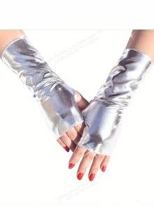 Pair Of Neutral Style Short Fingerless PU Leather Gloves In Bright Black Paint For Halloween Dress-Up, Punk Style Cosplay, Disco And Hip-Hop Dance Gloves, Party Dress-Up Cool And - Multicolor - View 4