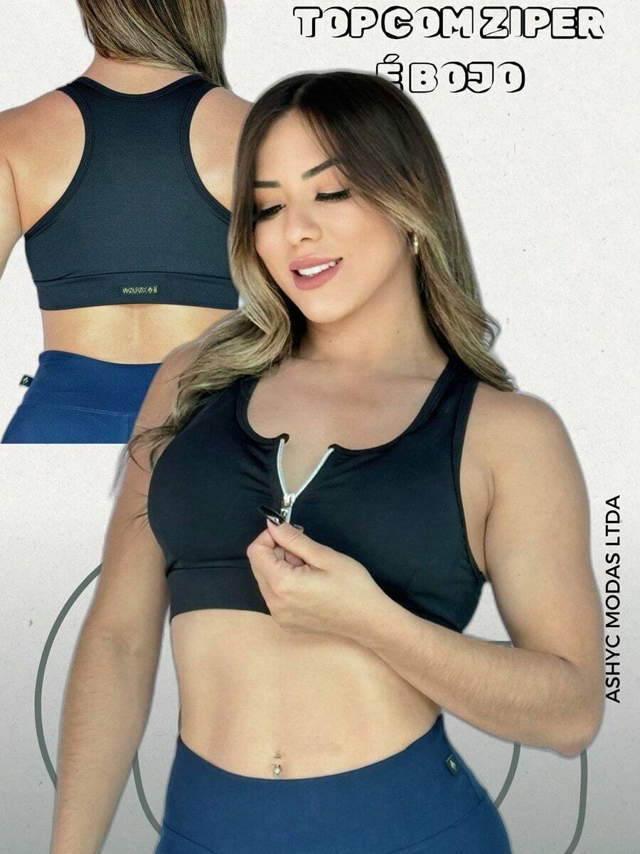 High Support Gym Top With Zipper And Removable Suplex Cups - Black - View 1