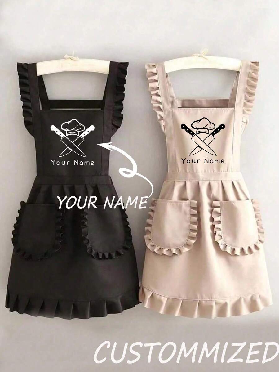 1pc Customized Printed Apron, Elegant Ladies Customized Printed Apron, Waterproof And Stain-Resistant, Cute Lace Skirt Apron, Black Anti-Stain Apron, Sleeveless Apron, Suitable For Home, Kitchen, Nail Salon, Cooking, Baking, Nail Salon, Ladies Workwear, Coffee Smock, Household Cooking Cleaning Sleeveless Bib Apron, Customizable Text And Personalized Photo Cooking Supplies, Washing Gloves - Multicolor - View 1