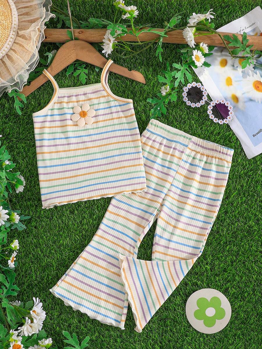 Baby Girls Colorful Striped Floral Embroidered Camisole Top And Flared Pants Set, Sweet Fashion 2-Pcs Outfit Summer - Apricot - View 1