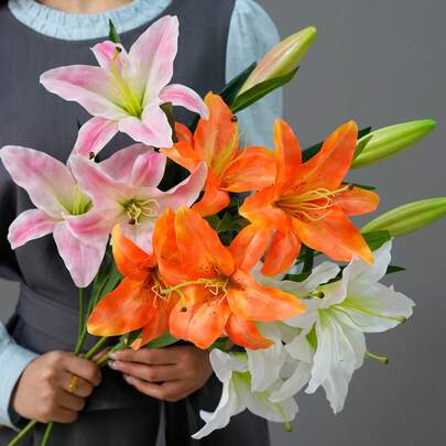 1pc Artificial 5-Head Lily High-End Living Room Decor Fake Flower Arrangement, Tabletop Centerpiece, TV Cabinet Floral Prop
