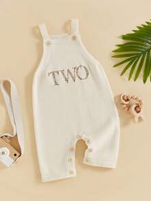 Pantalones de tirantes para bebé, pantalones de punto con letras bordadas, mono de cumpleaños para niñas y niños - Blanco - Ver 3