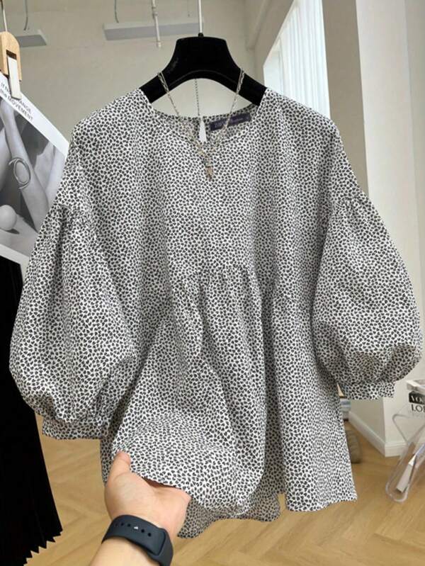 Plus Size Women's Full Print Round Neck Lantern Sleeve Fashion Blouse