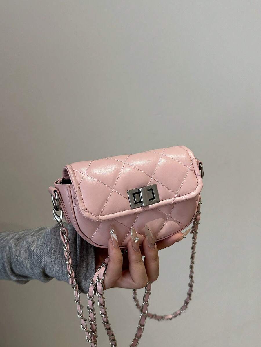 Mini Round Crossbody Bag For Women, Fashionable Versatile Chain Strap Shoulder Handbag With Flap Closure - Pink - View 1
