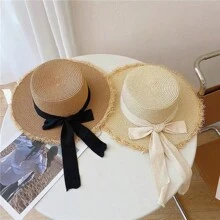 1 pieza Sombrero de playa para mujer, sombrero de paja de borde ancho con moño en la parte superior, sombrero de sol protector para viajes. Si el sombrero está ligeramente comprimido al recibirlo, consulte las instrucciones de cuidado para su restauración adecuada.