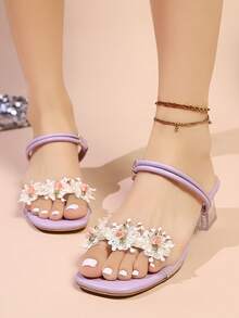 夏季新款中跟仙女风格水钻公主花朵粗跟凉鞋，绑带细节 - 紫色 - 查看 4