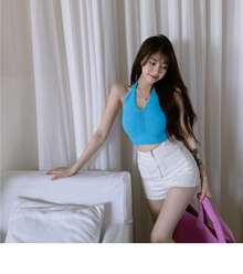 One Size Knit Sleeveless Beach T-Shirt - Blue - View 2