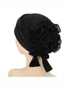 2 piezas Sombreros de turbante de poliéster de moda para mujer, gorros con pañuelo floral elástico y diseño de flor grande, cofia hijab de punto transpirable para ocasiones festivas