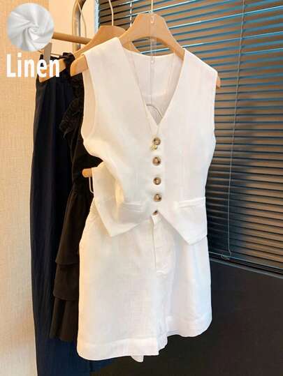 Women's Spring & Summer Casual Vacation Linen Sleeveless Blazer & Shorts 2 Pieces Set