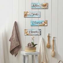 4-Pack Beach Bathroom Decor, Blue Wall Wood Shell Beach Decor, Bathroom Living Room Spa Home Supplies, Relax Soak Breathe Art Hangings