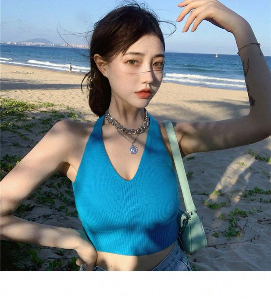 One Size Knit Sleeveless Beach T-Shirt - Blue - View 1