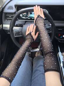 1 Pair Women's Rhinestone Decor Sheer Mesh Fingerless Gloves, Fashionable For Music Festival, Stage Performance, Sexy, Suitable For Driving, Sun Protection, Wedding, Elegant, Mature, Cosplay, Holiday Party, All Seasons