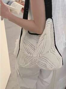 1pc Handmade Woven Bag, Artistic Style, 2025 New Korean Tote Bag, Hollow Out Knitted Bag, Summer Beach Vacation Pouch, Ideal For Summer, Vacation And Daily Use, Travel Essential