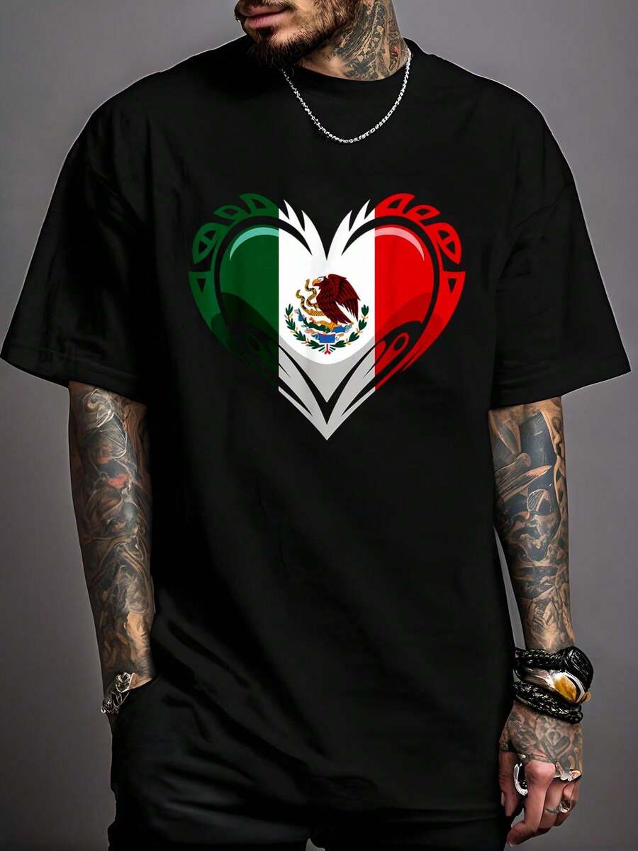 100% Cotton Mexico Flag Heart Mexican T-Shirt Print T-Shirt Casual Crew Neck Short Sleeve Comfort Tee Top For Spring & Summer Men's Clothing - 黑色 - 查看 1