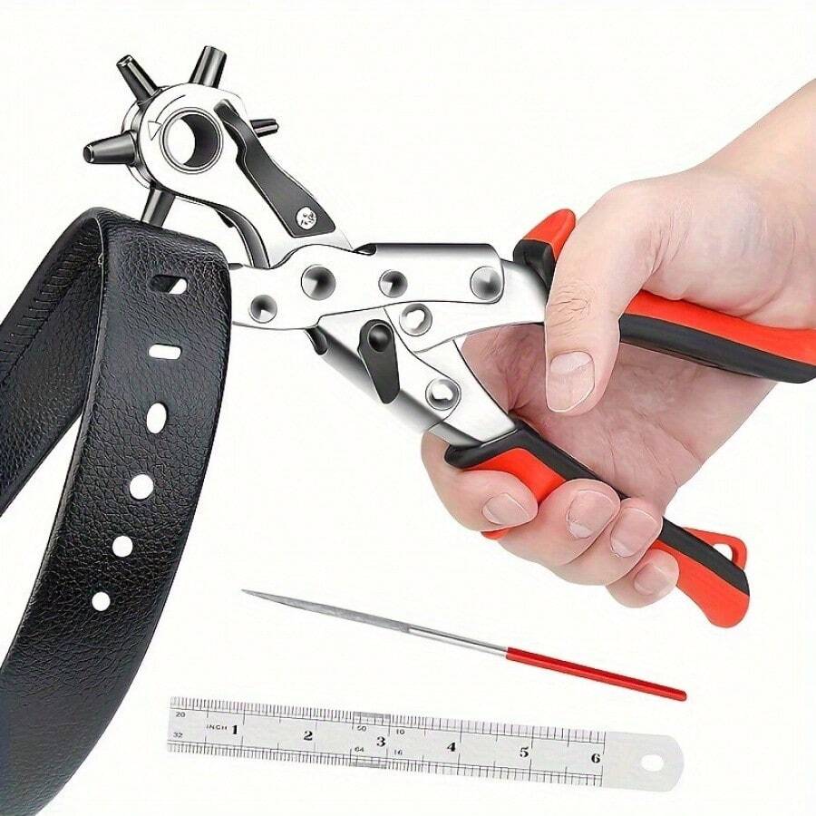 1pc Heavy Duty Faux Leather Punch Plier - Rotating Steel Manual Tool With Red Rubber Handle, For Belts, Sewing Projects And Handicrafts - Perfect Gift For DIY Enthusiasts, Leather Punch, Leather Working Tools | Efficient Punching Tool | Durable Manual Tool