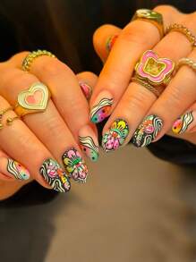 24 Stück mandelförmige Acryl-Aufklebe-Nägel im Geschenkbox, abstraktes amerikanisches Retro-Stil, personalisierte Graffiti, lustige Zauberaugen, bunte Cartoon-Pilze, schwarz-weiße Streifen, Dopamin, Mädchen-Geschenk, Party, tragbare Fake-Nägel mit Gelee-Kleber 1 Stück, 1 Feile Nagelzubehör