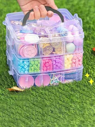 1pc 3-Layer 18-Grid Transparent Stackable Plastic Storage Box With Spring Lock, Suitable For Storing Toys, Stationery, Jewelry Accessories And Other Small Items,For Back To School