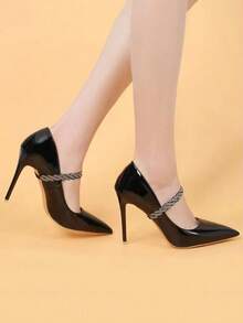 1 Pair Of Elastic Black Weaved High Heel Shoe Straps With Rhinestones, Non-Slip, Anti-Drop Shoe Straps For Heels - Black - View 3