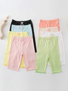 8pcs/Pack Kid's Solid Color Frill Trim Ankle Length Leggings, Breathable Cool For Spring/Summer - Multicolor - View 3