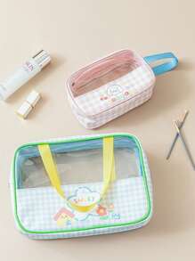 1pc Cartoon & Plaid Transparent PVC Toiletry Bag, Double Layer Dry-Wet Separation Organizer Bag, Waterproof For Travel & Swimming