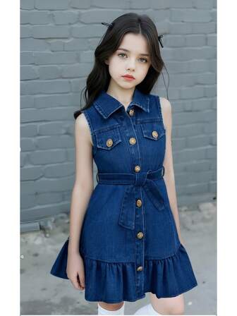 Girls Blue Washed Denim Sleeveless Collar Button Down Midi Dress For Casual, Everyday Wear, Spring/Summer
