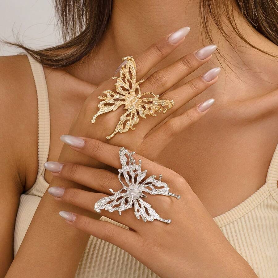 1pc Zinc Alloy Material Exaggerated, Fashionable Hollow Butterfly Geometric Design Unisex Open Ring, Suitable For Ring And Daily Wear, Single Or Set
