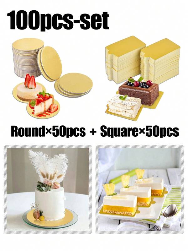 Gold Mini Cake Boards - Round/Square, Smooth Dessert Mousse Pads, Pastry Baking Tray, Dessert Display Oil-Proof And Moisture-Proof, For Wedding Birthday Party, Mini Size, Paper, Birthday, Party, Anniversary, Pastry, Macaron, Tart, Brownie, Photo-Worthy, Buffet Tray, Catering, DIY Bakers, Event Planners