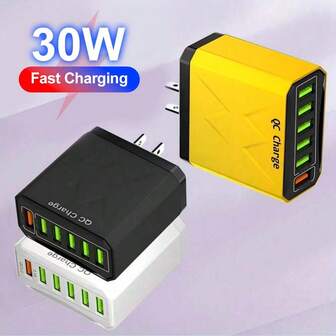 Adaptador de carga rápida certificado de alto voltaje de 30W con 6 puertos QC3.0, compatible con enchufes de la UE/EE. UU./Reino Unido, compatible con iPhone 15/14/13, Galaxy y talla grande, adecuado para viajes, oficina, dormitorio y hogar, carga múltiple