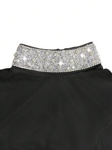 Black High Neck Long Sleeve Rhinestone Slit Bodycon Maxi Dress, Elegant For Women's Ball, Wedding, Birthday, Graduation Ceremony - Black - View 6