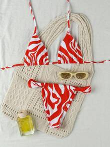 Valentine's Day New Women's Red & White Zebra Print Sexy Backless Tie-Up Beach Party Date Club Stage Performance Bikini Set, Spring/Summer - Multicolor - View 2
