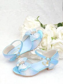 Girls' Crystal High Heel Sandals, Princess Shoes With Bowknot, Blue & White Formal Dress Shoes With Sequins