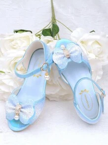 Girls' Crystal High Heel Sandals, Princess Shoes With Bowknot, Blue & White Formal Dress Shoes With Sequins