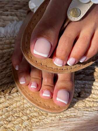 24 片装白色法式短方形按压式脚趾甲简约风格光泽全覆盖假脚趾甲适用于女士和女孩