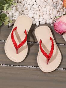 1 Pair Red Woven Flat Sandals For Infant & Toddler, Soft PU Material, Simple Design, Non-Slip Durable Sole, Round Toe Open Toe Thong Slippers, Suitable For Baby Girls & Boys, Casual, Beach, Vacation, Daily Wear, 2025 New Style