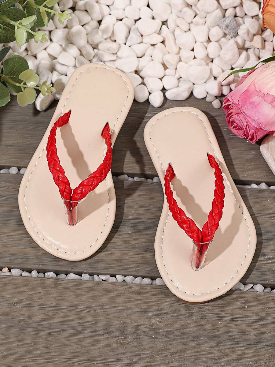 1 Pair Red Woven Flat Sandals For Infant & Toddler, Soft PU Material, Simple Design, Non-Slip Durable Sole, Round Toe Open Toe Thong Slippers, Suitable For Baby Girls & Boys, Casual, Beach, Vacation, Daily Wear, 2025 New Style