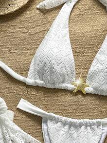 三件套性感沙滩装女式多穿比基尼钩编套装，欧美风格，蕾丝面料沙滩裤纱笼罩衫泳装，复活节、假日服装、外出上衣、约会之夜服装，所有女装，秋季服装