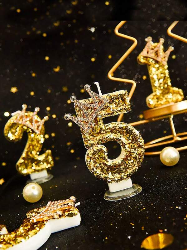 Gold Crystal Diamond Crown Shape Numbered 0-9 Birthday Cake Decoration Candles