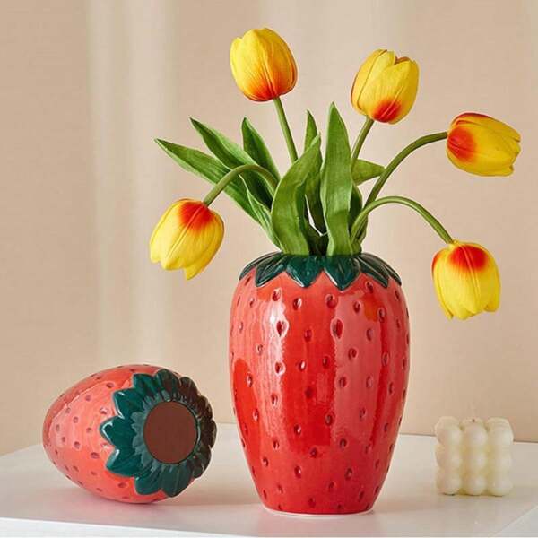 Strawberry Ceramic Vase, Strawberry Decor Vase, Suitable For Home Decor, Living Room, Dining Table, Kitchen, Garden Decor/Gifts