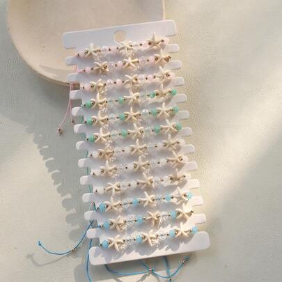 12pcs/Set Elegant Semi-Transparent Beaded Starfish Resin Bracelets, Adjustable Size For Women, Holiday & Music Festival Accessories