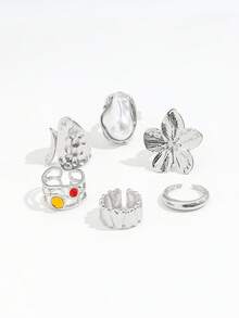 6枚/套复古金属花朵水钻设计戒指，配仿珍珠，可单独佩戴或叠戴，适合女士日常穿搭、装饰、约会、聚会、派对、情人节等场合（珍珠底部有孔）。 - 銀色 - 查看 4