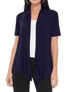Casual Solid Short Sleeve Open Front Draped Cardigan For Office & Everyday Wear - Navy Blue - View 1