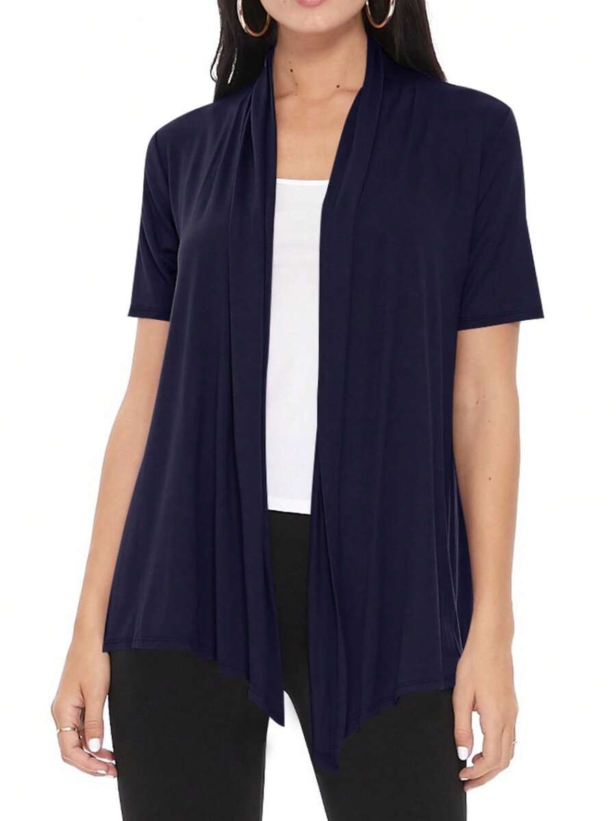 Casual Solid Short Sleeve Open Front Draped Cardigan For Office & Everyday Wear - Navy Blue - View 1