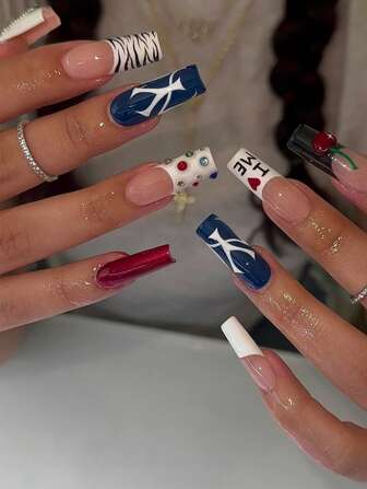 24 Pcs Of Long Square Press On Acrylic Nails In Summer Blue Nails Advanced Hand-Painted Contrast Color Sweet Cool Hot Girl Style White Black French Edge Colorful Diamond Red Cherry Zebra Stripes Specially Designed For Girls, Birthday Gift Party Portable Fake Nails With Jelly Glue 1 Piece File Strip 1