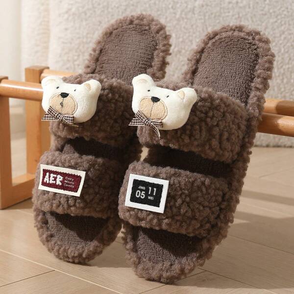 Cute Cartoon Plush Slippers For Women, New Autumn/Winter Design, Fashionable Versatile Soft Bottom Indoor Bow-Knot Fabric Slippers, Suitable For All Seasons