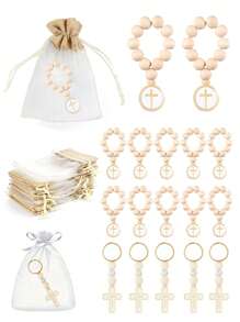 Baptism Mini Wooden Rosary Favors For Guest, First Communion Favors, Christening Guest Keepsake, Cross Charm Favors, Catholic Favors With Organza Bags