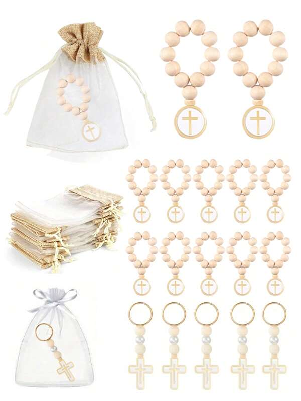 Baptism Mini Wooden Rosary Favors For Guest, First Communion Favors, Christening Guest Keepsake, Cross Charm Favors, Catholic Favors With Organza Bags