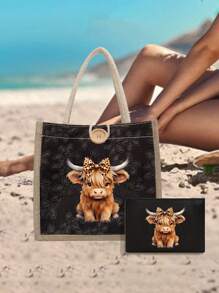 Bolsa tote estampada com tema de vaca das Terras Altas, leve uma bolsa de maquiagem com a mesma cor, portátil, reutilizável, leve, bolsa de mão, bolsa de ombro de linho, bolsa de armazenamento, porta-moedas, bolsa de mão, bolsa de viagem essencial, bolsa de grande capacidade, sacola de compras estampada, adequada para escola, universidade, trabalho, negócios, deslocamento diário, atividades ao ar livre, viagens, feriados, presentes para professores, família, amigos, presente de Dia das Mães, compra obrigatória em 6 de junho